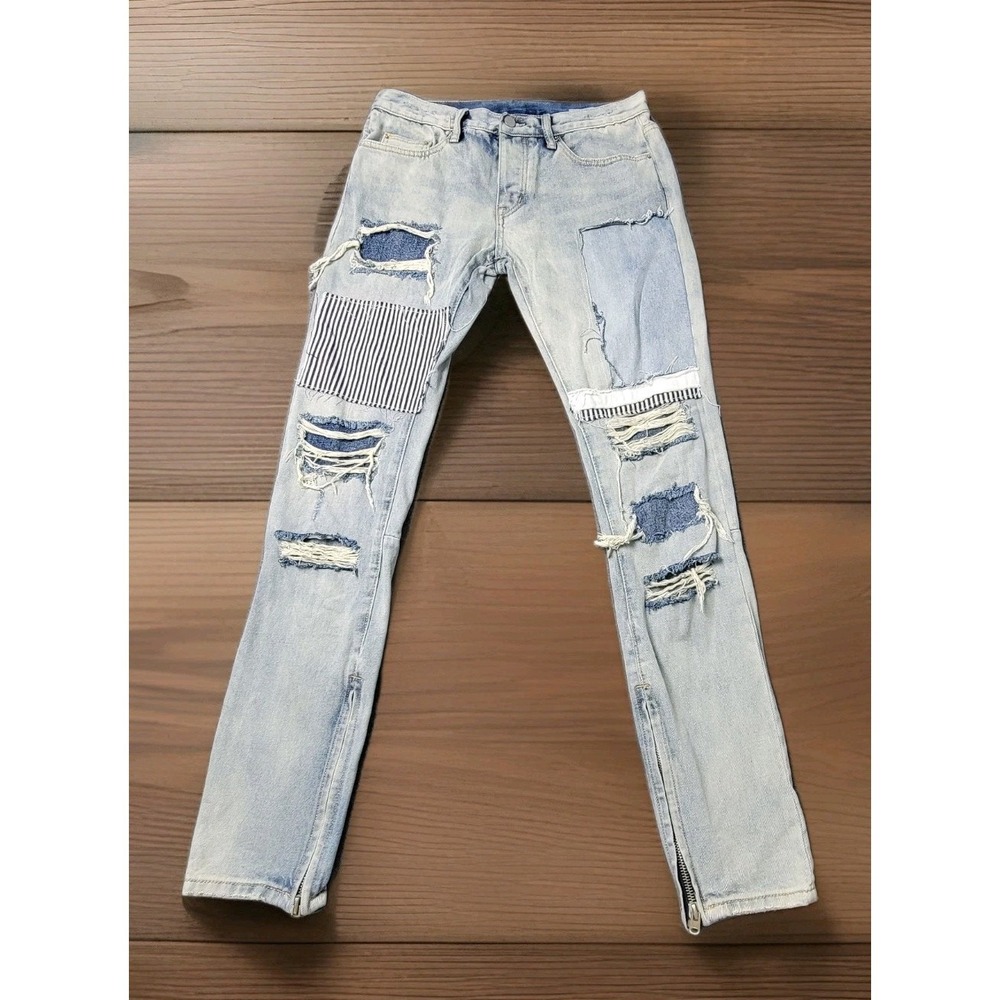 mnml Men's Size 31 Light Wash Patchwork‎ Distressed Jeans Zipper Hem Skinny